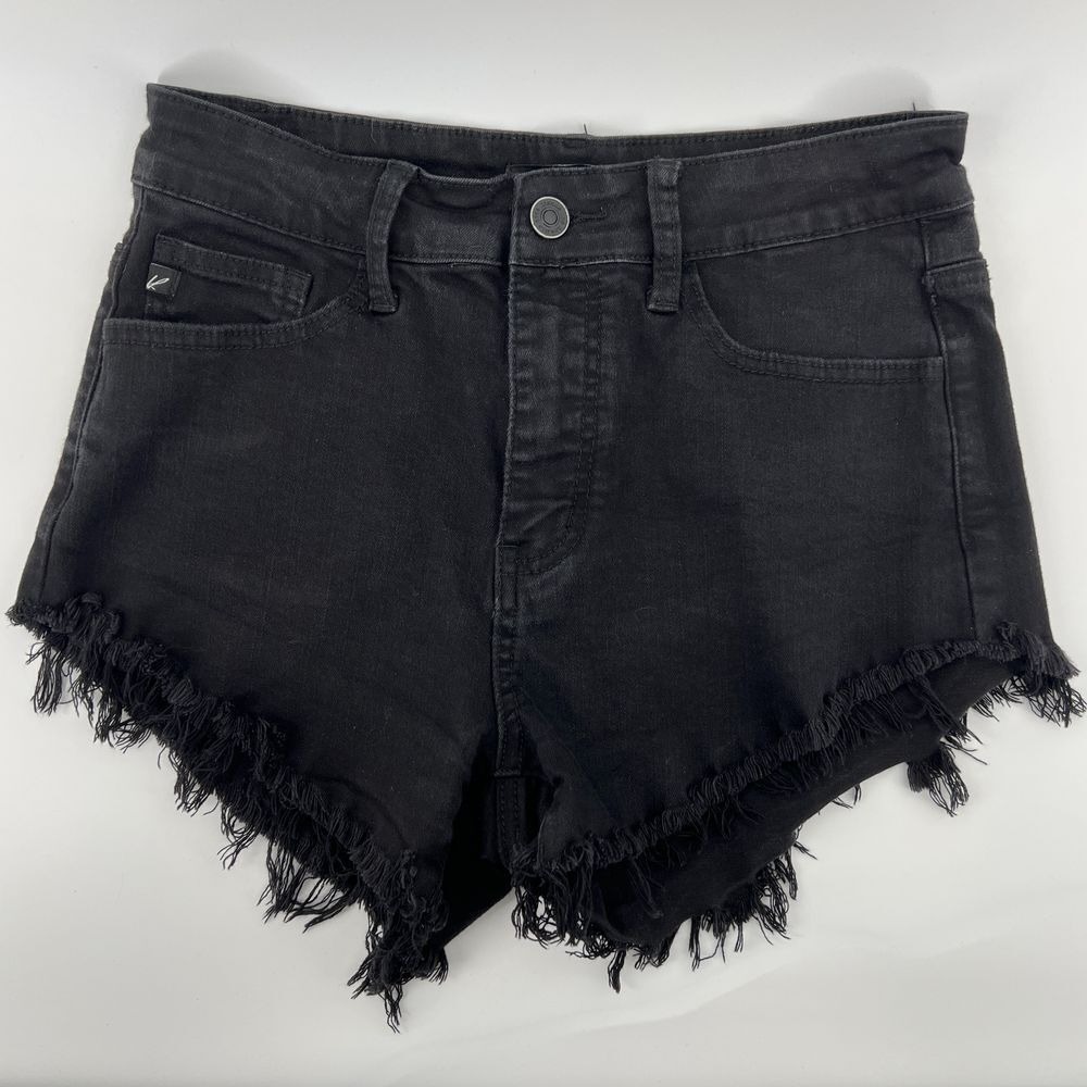 KanCan Women 7/27 High-Waisted Raw Hem Cut Off Black Denim Shorts KC6033BK‎